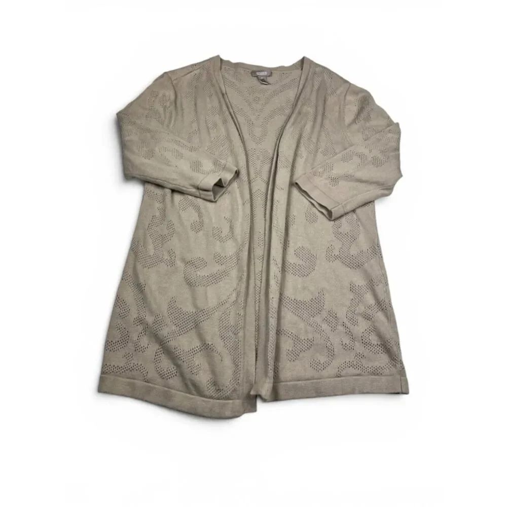 Chicos Longline Open Front Cardigan Tan Tonal Jacquard Layering Knit Sweater 2 L